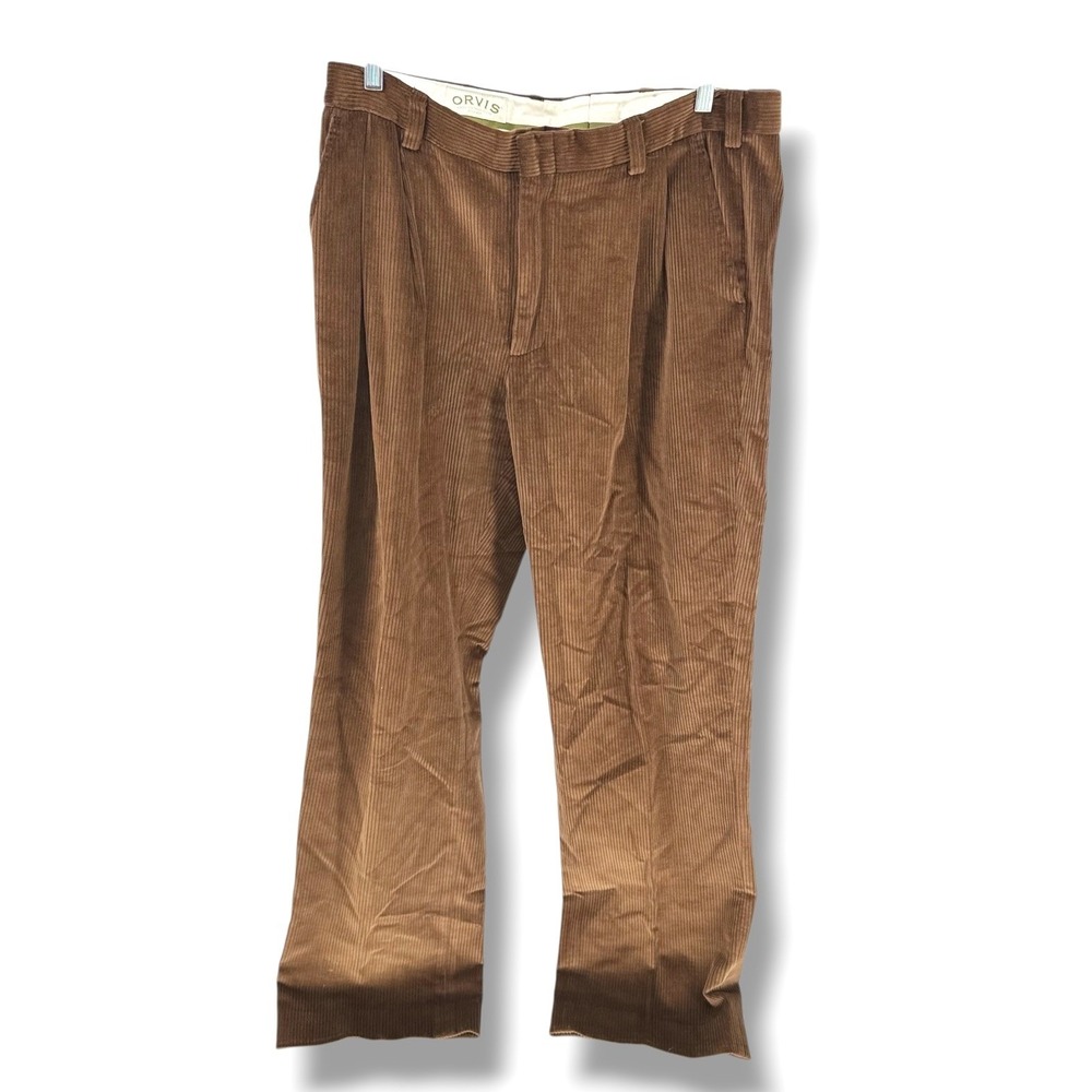 Orvis Mens Brown Corduroy Pleated Pants Cotton Blend Straight Leg Size 36